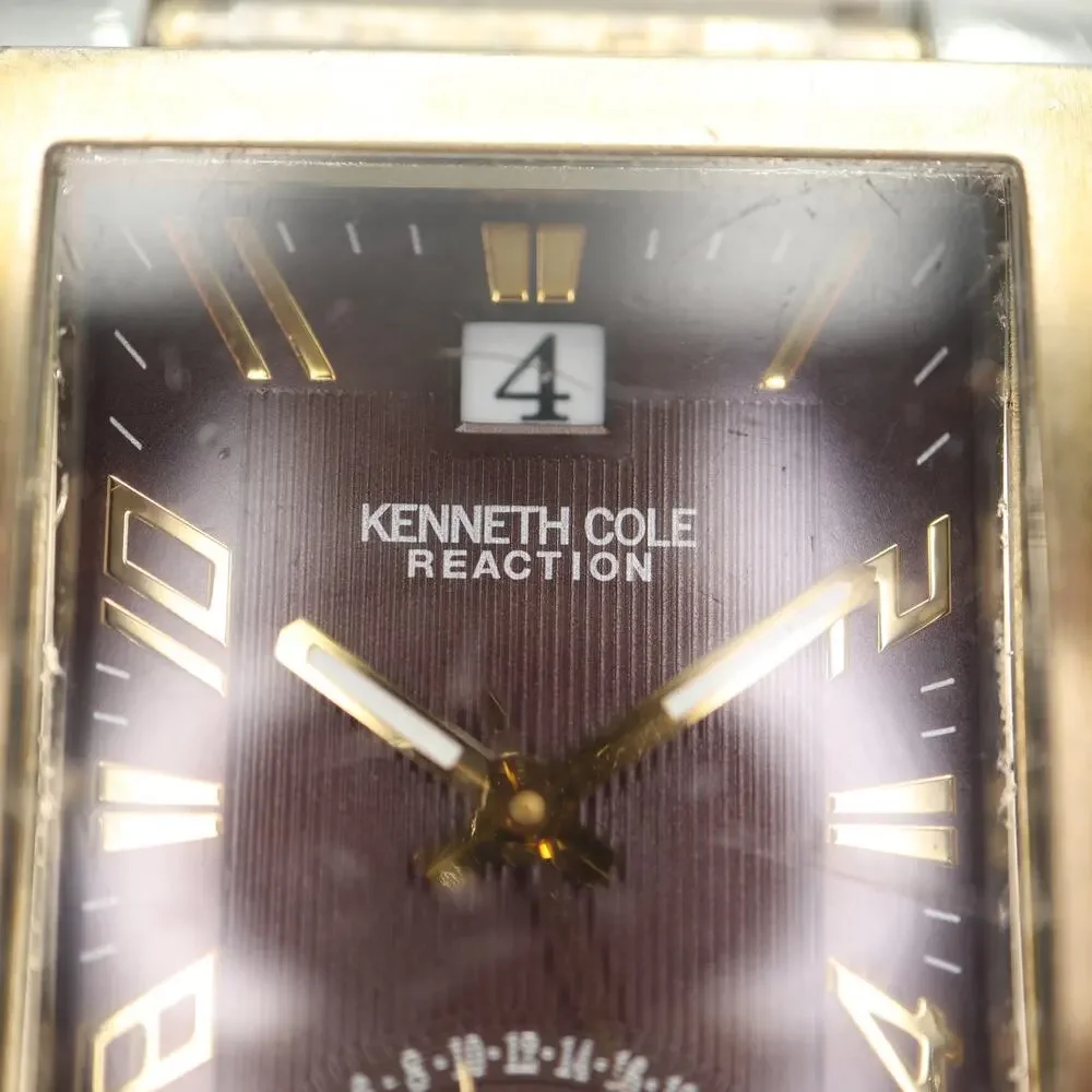Reaction Kenneth Cole Two Tone 34mm Watch Brown Retrograde Stretch w New Battery